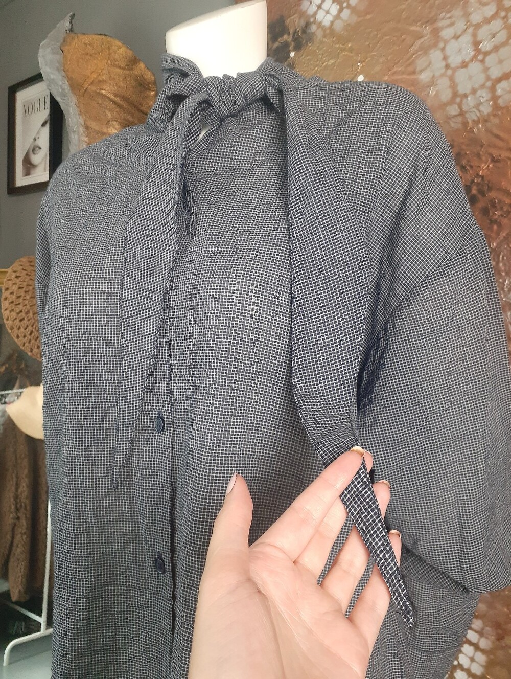 Zara Nwt Blue Micro-Check Button-Up Shirt with Scarf Neck Detail